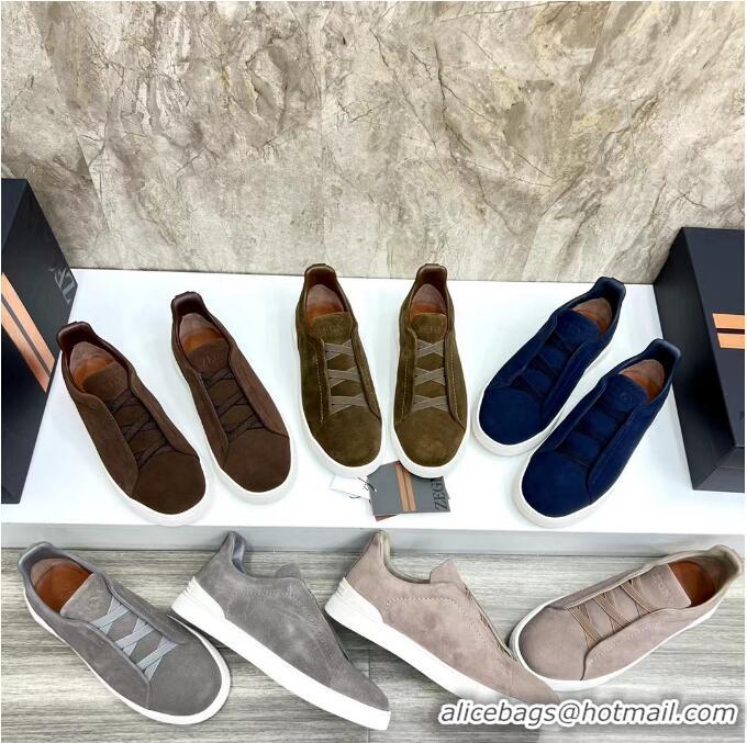 High Quality Zegna Melange Suede Triple Stitch Sneakers Feature A White Rubber Sole ZE4589 ​TAN