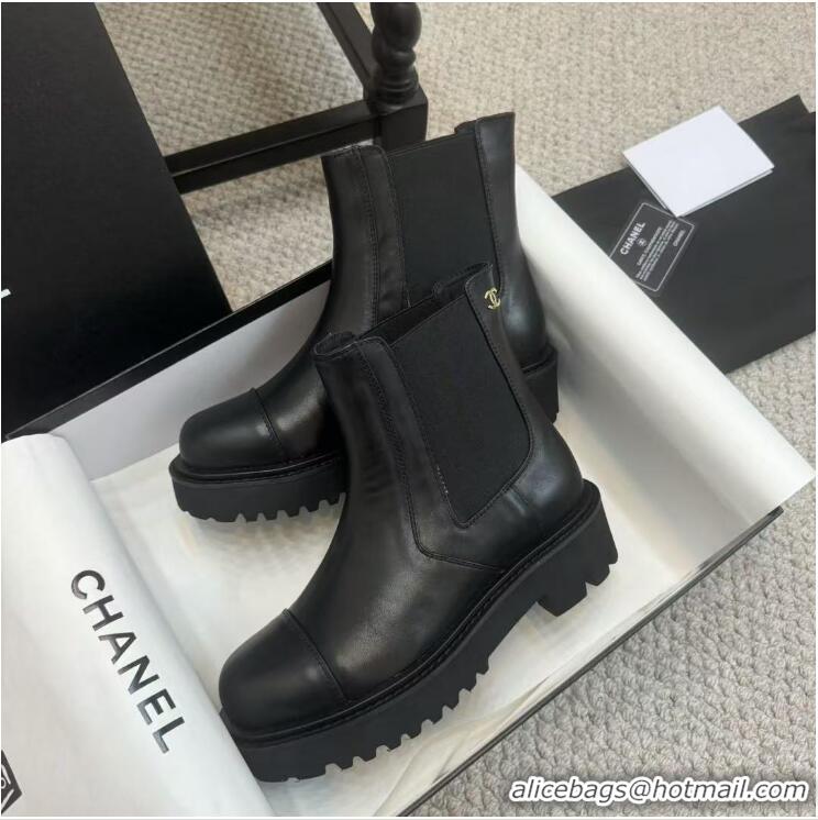 Luxury Discount Chanel Calfskin & Elastic Ankle Boots Black 1016077