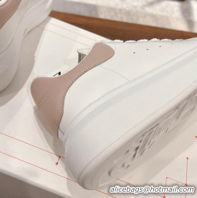 Luxury Discount Alexander McQueen Oversized Sneakers in Silky Calfskin and Crinkled Leather Heel Tab White/Light Pink 12