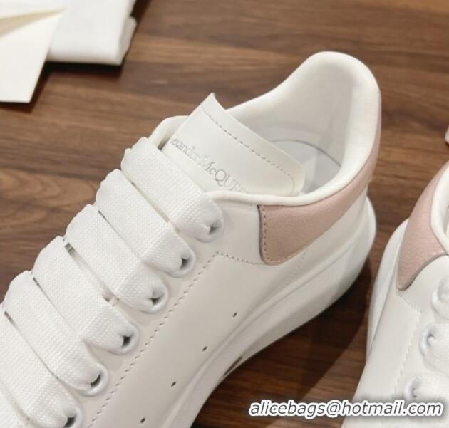 Luxury Discount Alexander McQueen Oversized Sneakers in Silky Calfskin and Crinkled Leather Heel Tab White/Light Pink 12