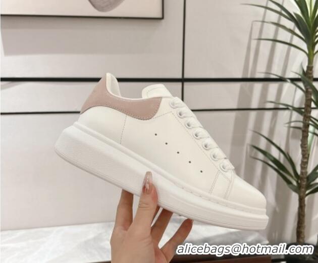 Luxury Discount Alexander McQueen Oversized Sneakers in Silky Calfskin and Crinkled Leather Heel Tab White/Light Pink 12