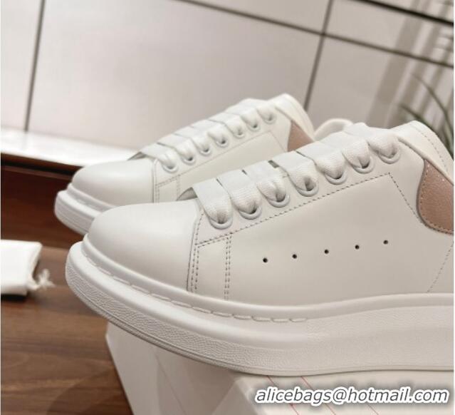 Luxury Discount Alexander McQueen Oversized Sneakers in Silky Calfskin and Crinkled Leather Heel Tab White/Light Pink 12