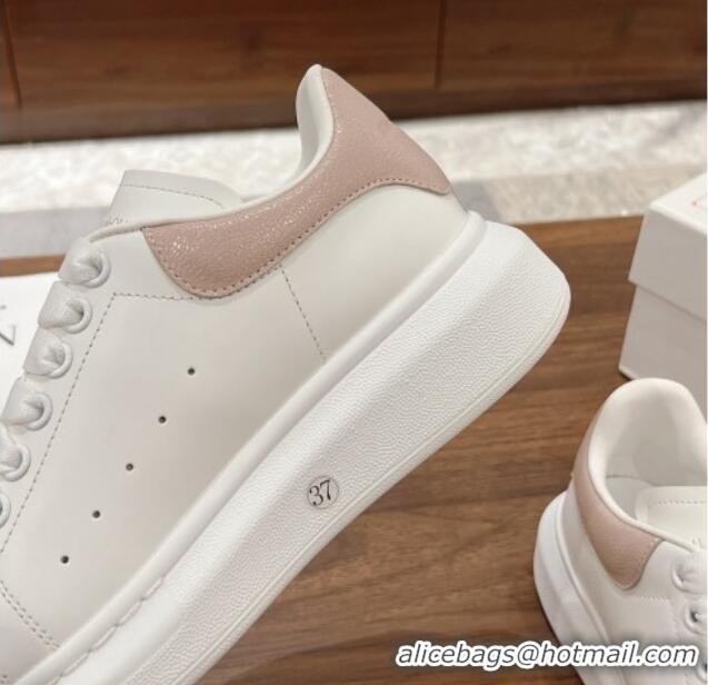 Luxury Discount Alexander McQueen Oversized Sneakers in Silky Calfskin and Crinkled Leather Heel Tab White/Light Pink 12