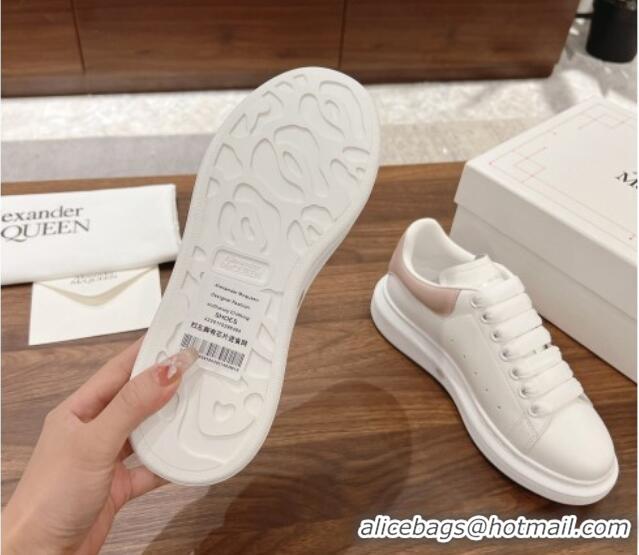 Luxury Discount Alexander McQueen Oversized Sneakers in Silky Calfskin and Crinkled Leather Heel Tab White/Light Pink 12