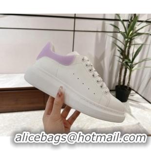 Luxury Cheap Alexander McQueen Oversized Sneakers in Silky Calfskin and Rubber Heel Tab White/Light Purple 1225055