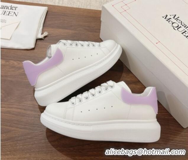 Luxury Cheap Alexander McQueen Oversized Sneakers in Silky Calfskin and Rubber Heel Tab White/Light Purple 1225055