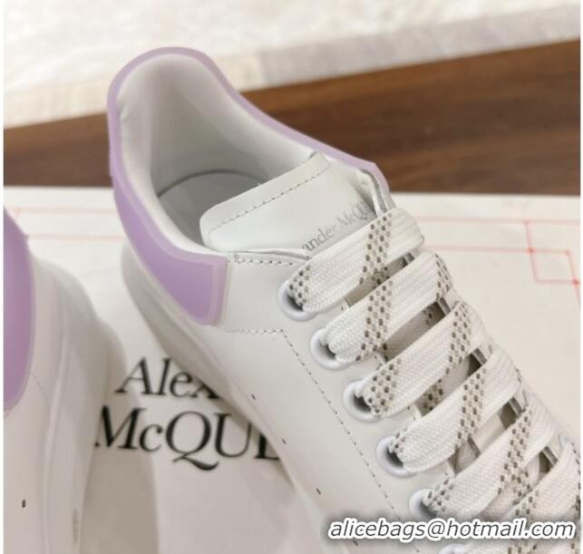 Luxury Cheap Alexander McQueen Oversized Sneakers in Silky Calfskin and Rubber Heel Tab White/Light Purple 1225055