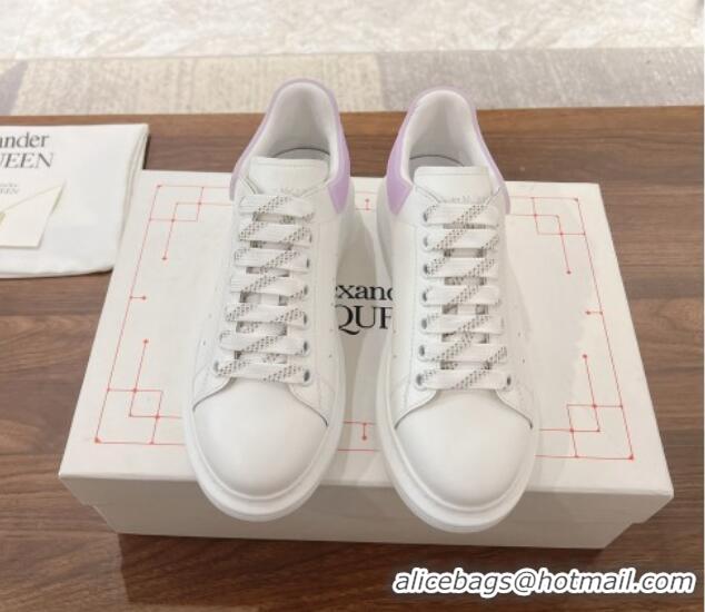 Luxury Cheap Alexander McQueen Oversized Sneakers in Silky Calfskin and Rubber Heel Tab White/Light Purple 1225055