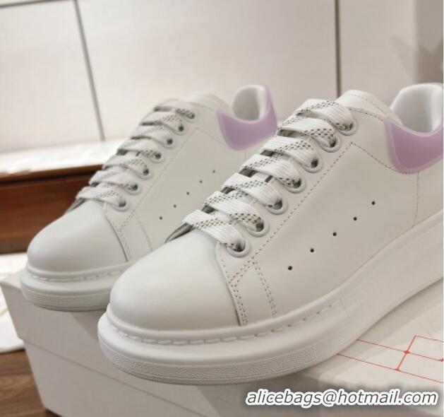 Luxury Cheap Alexander McQueen Oversized Sneakers in Silky Calfskin and Rubber Heel Tab White/Light Purple 1225055