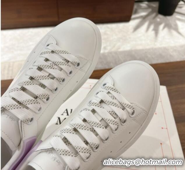 Luxury Cheap Alexander McQueen Oversized Sneakers in Silky Calfskin and Rubber Heel Tab White/Light Purple 1225055