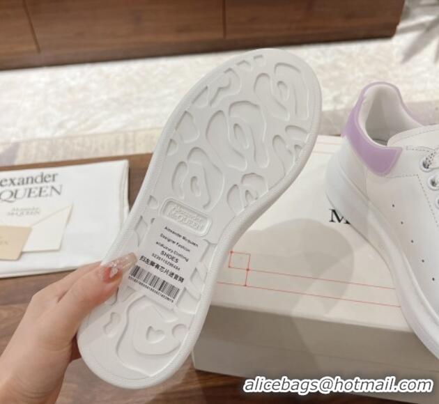 Luxury Cheap Alexander McQueen Oversized Sneakers in Silky Calfskin and Rubber Heel Tab White/Light Purple 1225055