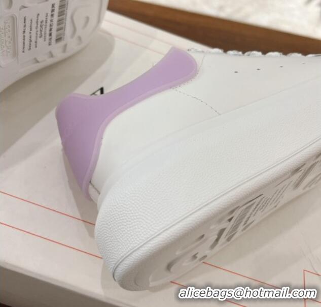 Luxury Cheap Alexander McQueen Oversized Sneakers in Silky Calfskin and Rubber Heel Tab White/Light Purple 1225055