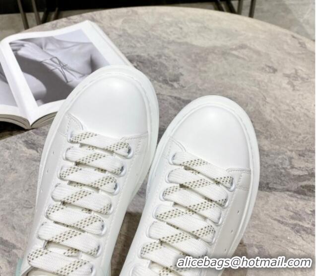 Luxury Alexander McQueen Oversized Sneakers in Silky Calfskin and Rubber Heel Tab White/Light Green 1225056