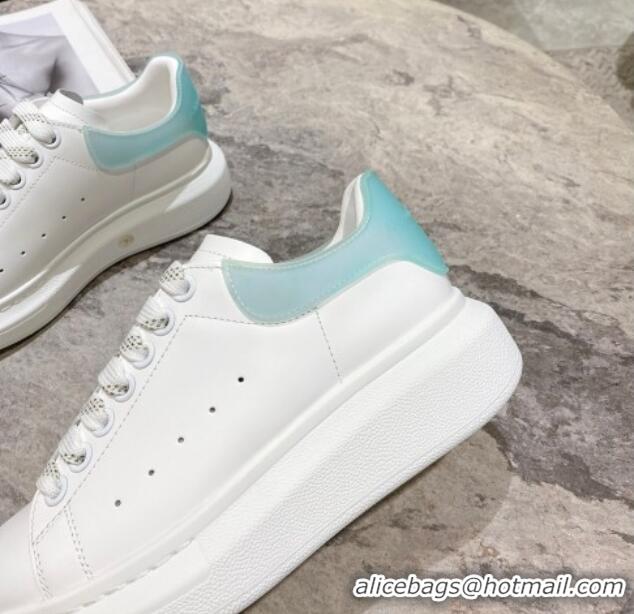 Luxury Alexander McQueen Oversized Sneakers in Silky Calfskin and Rubber Heel Tab White/Light Green 1225056