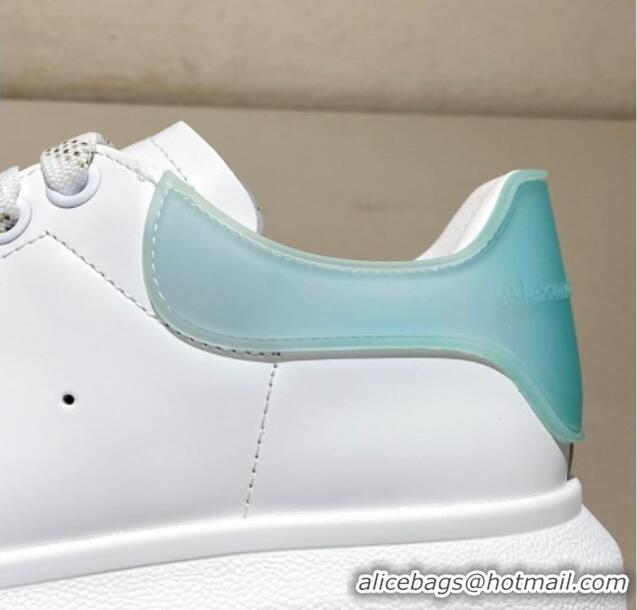 Luxury Alexander McQueen Oversized Sneakers in Silky Calfskin and Rubber Heel Tab White/Light Green 1225056