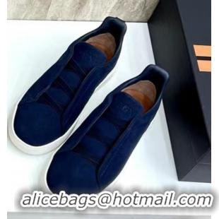 ​Cheapest Zegna Melange Suede Triple Stitch Sneakers Feature A White Rubber Sole ZE4589 Navy Blue