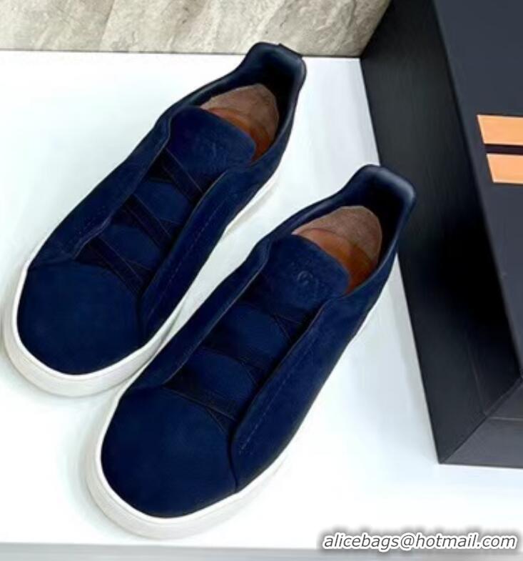 ​Cheapest Zegna Melange Suede Triple Stitch Sneakers Feature A White Rubber Sole ZE4589 Navy Blue