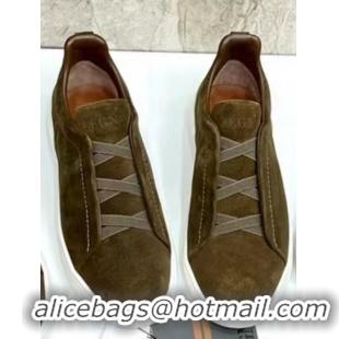 ​Best Price Zegna Melange Suede Triple Stitch Sneakers Feature A White Rubber Sole ZE4589 Dark Green