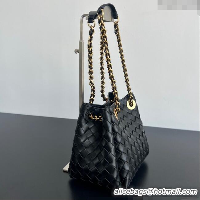 Good Taste Bottega Veneta Small Parachute Chain Bag in Intrecciato Leather 817175 Black 2024