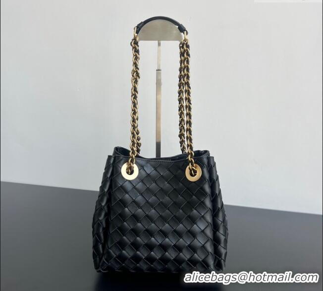 Good Taste Bottega Veneta Small Parachute Chain Bag in Intrecciato Leather 817175 Black 2024