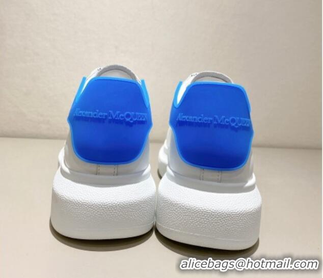 Stylish Alexander McQueen Oversized Sneakers in Silky Calfskin and Rubber Heel Tab White/Sky Blue 225057