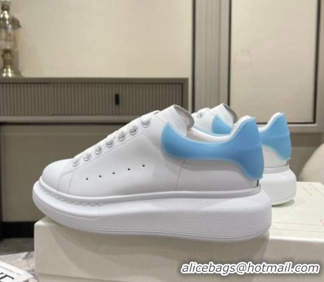 Good Quality Alexander McQueen Oversized Sneakers in Silky Calfskin and Rubber Heel Tab White/Light Blue 1225059