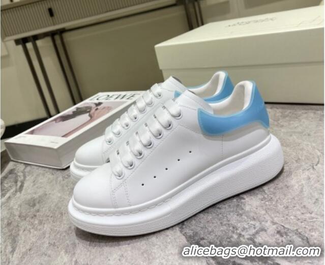 Good Quality Alexander McQueen Oversized Sneakers in Silky Calfskin and Rubber Heel Tab White/Light Blue 1225059