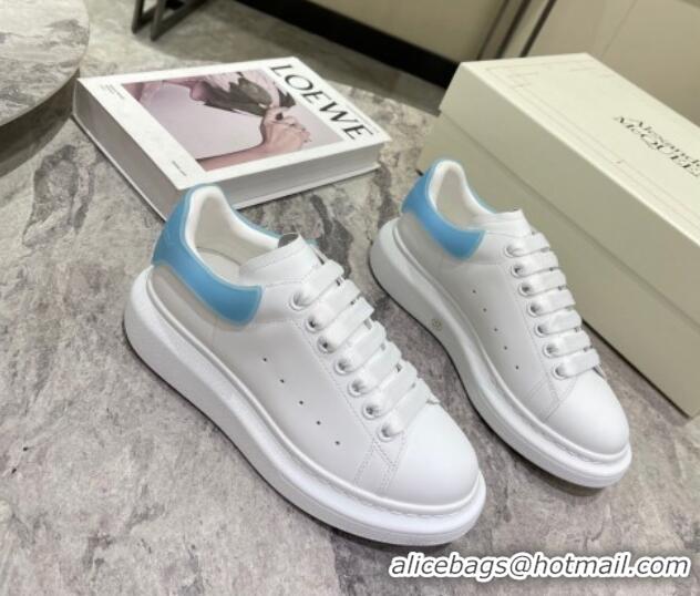 Good Quality Alexander McQueen Oversized Sneakers in Silky Calfskin and Rubber Heel Tab White/Light Blue 1225059