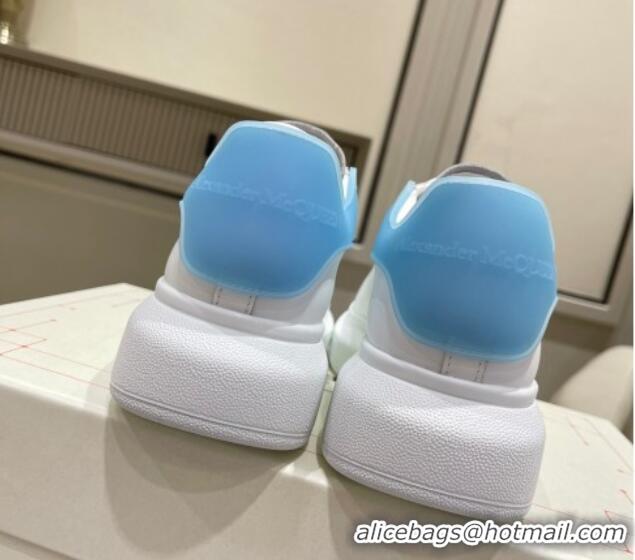 Good Quality Alexander McQueen Oversized Sneakers in Silky Calfskin and Rubber Heel Tab White/Light Blue 1225059