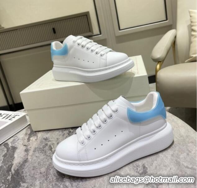 Good Quality Alexander McQueen Oversized Sneakers in Silky Calfskin and Rubber Heel Tab White/Light Blue 1225059