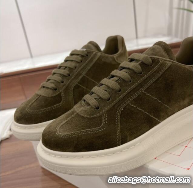 Unique Style Alexander McQueen Oversized Retro Sneakers in Suede Olive Green 1225067