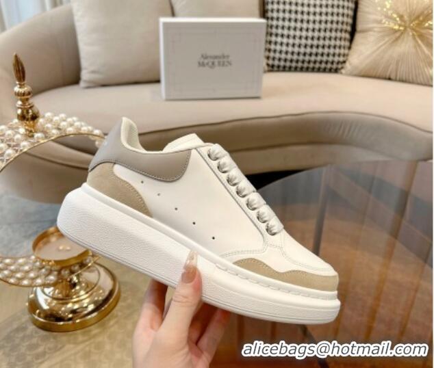 Good Quality Alexander McQueen Oversized Retro Sneakers in Patchwork Silky Calfskin White/Beige/Grey 1225076