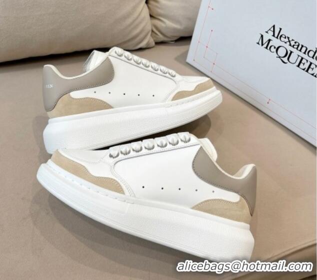 Good Quality Alexander McQueen Oversized Retro Sneakers in Patchwork Silky Calfskin White/Beige/Grey 1225076