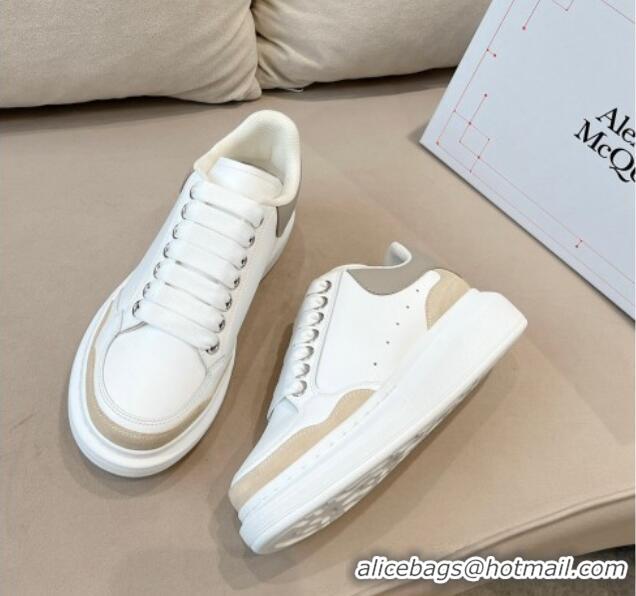 Good Quality Alexander McQueen Oversized Retro Sneakers in Patchwork Silky Calfskin White/Beige/Grey 1225076