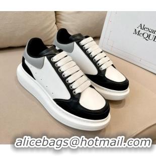 Stylish Alexander McQueen Oversized Retro Sneakers in Patchwork Silky Calfskin White/Grey/Black 1225078