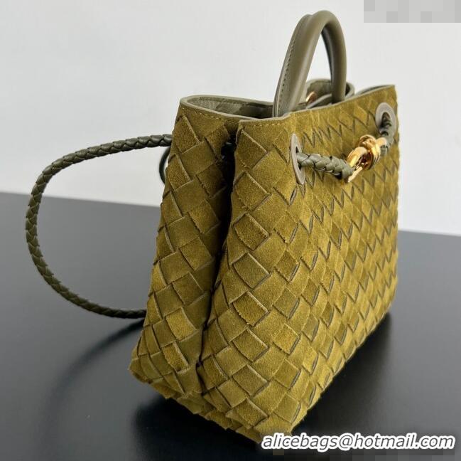 Big Discount Bottega Veneta Small Andiamo Top Handle Bag in Intrecciate Suede 743568 Lemon Green 2024