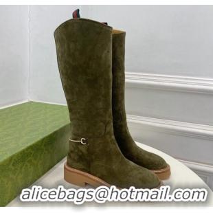 Classic Hot Gucci Slim Horsebit High Flat Boots in Green Suede 1118047