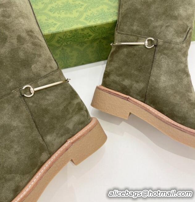 Classic Hot Gucci Slim Horsebit High Flat Boots in Green Suede 1118047