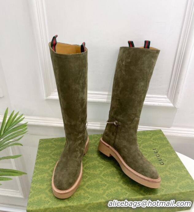 Classic Hot Gucci Slim Horsebit High Flat Boots in Green Suede 1118047