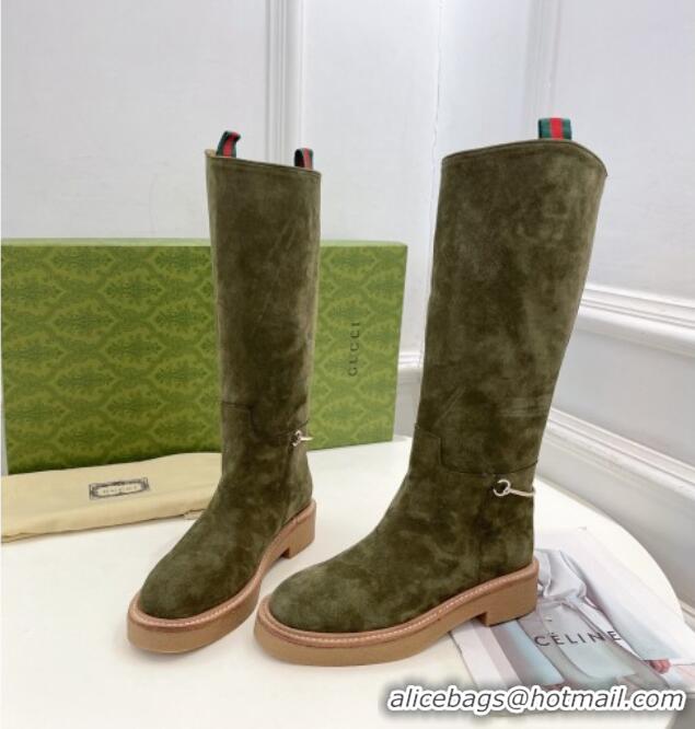 Classic Hot Gucci Slim Horsebit High Flat Boots in Green Suede 1118047