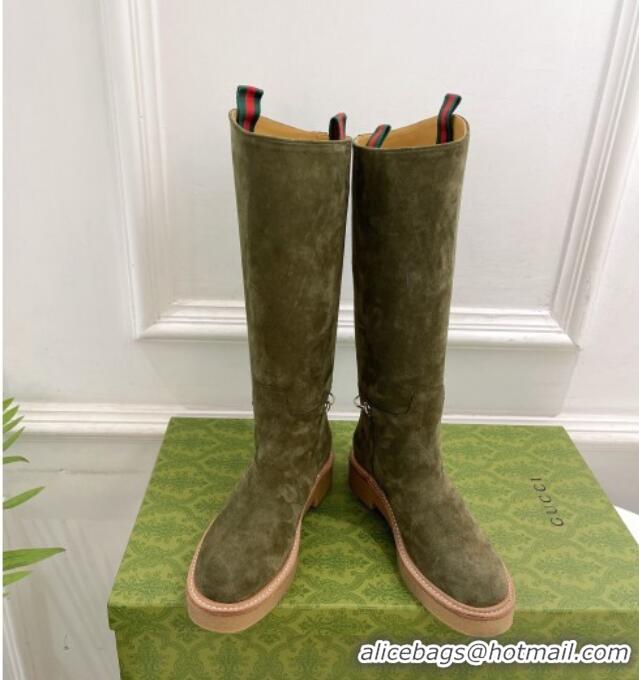 Classic Hot Gucci Slim Horsebit High Flat Boots in Green Suede 1118047