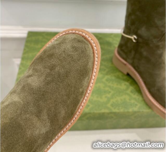 Classic Hot Gucci Slim Horsebit High Flat Boots in Green Suede 1118047