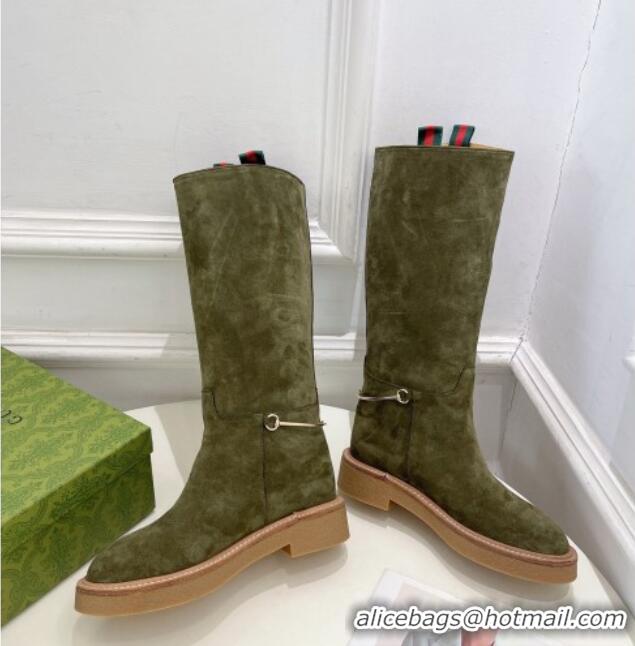 Classic Hot Gucci Slim Horsebit High Flat Boots in Green Suede 1118047