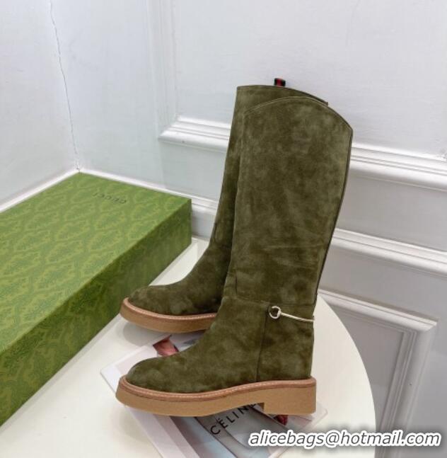 Classic Hot Gucci Slim Horsebit High Flat Boots in Green Suede 1118047