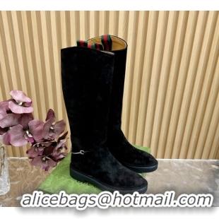 Best Product Gucci Slim Horsebit High Flat Boots in Suede Black 1118050