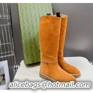 Good Quality Gucci Slim Horsebit High Flat Boots in Suede Yellow 1118051