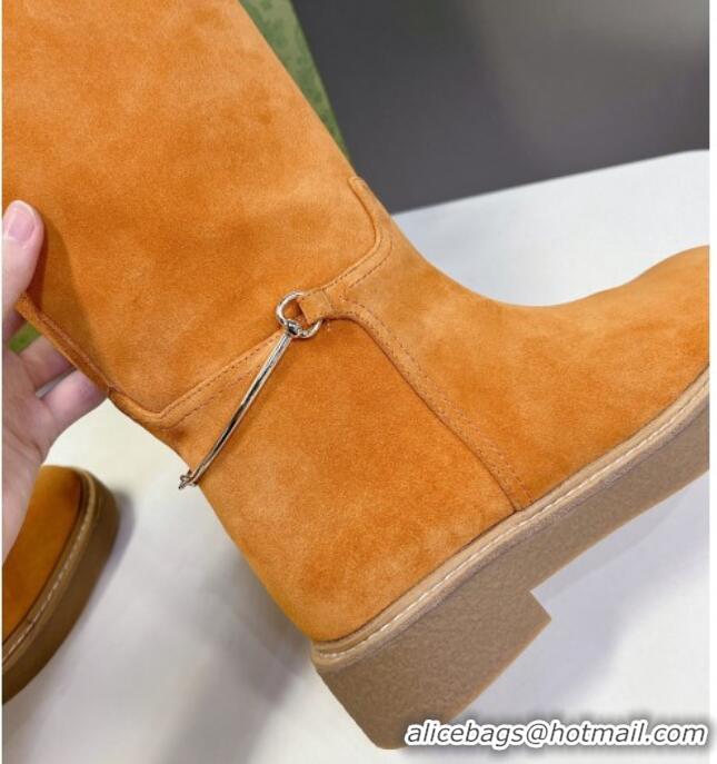 Good Quality Gucci Slim Horsebit High Flat Boots in Suede Yellow 1118051