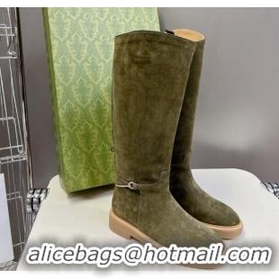 Best Grade Gucci Slim Horsebit High Flat Boots in Suede Green 1118052