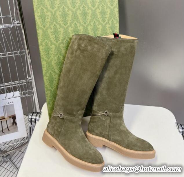 Best Grade Gucci Slim Horsebit High Flat Boots in Suede Green 1118052