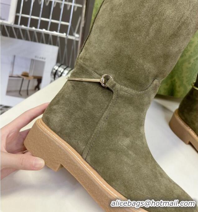 Best Grade Gucci Slim Horsebit High Flat Boots in Suede Green 1118052